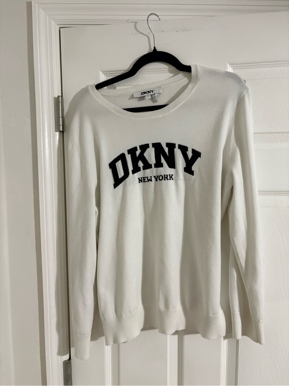 DKNY White Crewneck Sweater with Black Logo